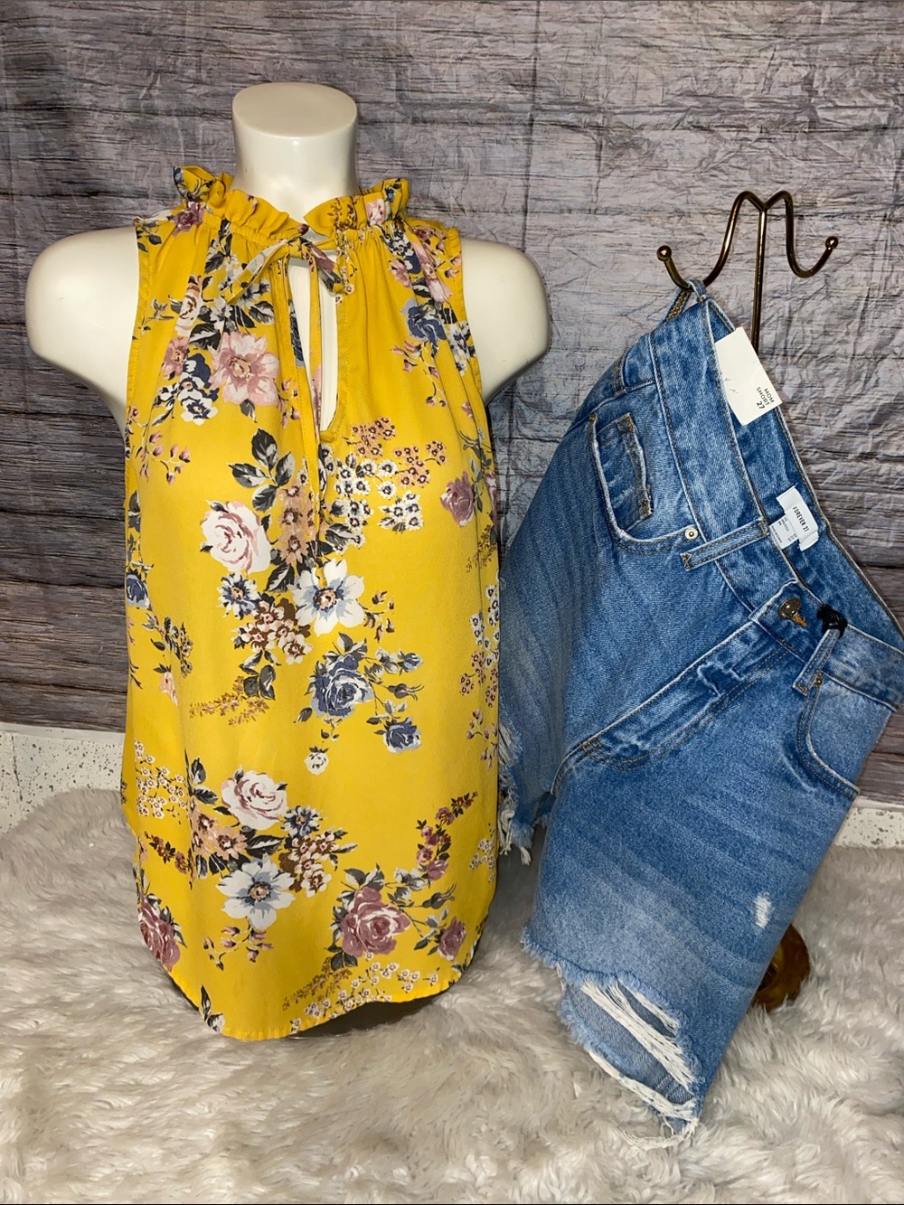 Torrid Yellow Floral Ruffle Neck Tank Top